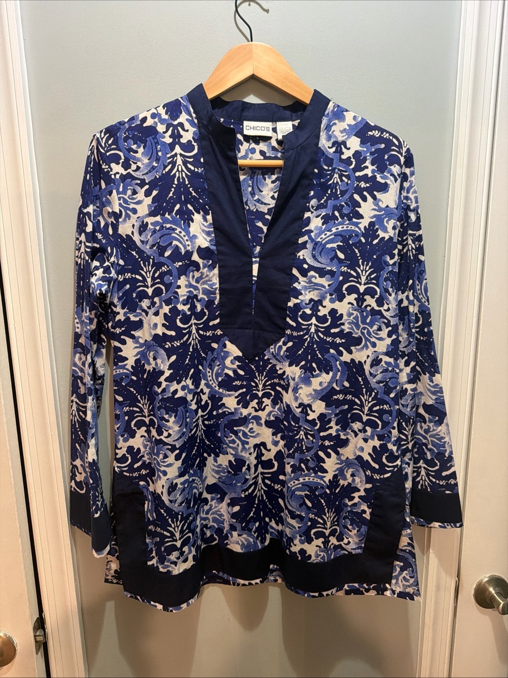 Chico's Navy and White Floral-Print Blouse